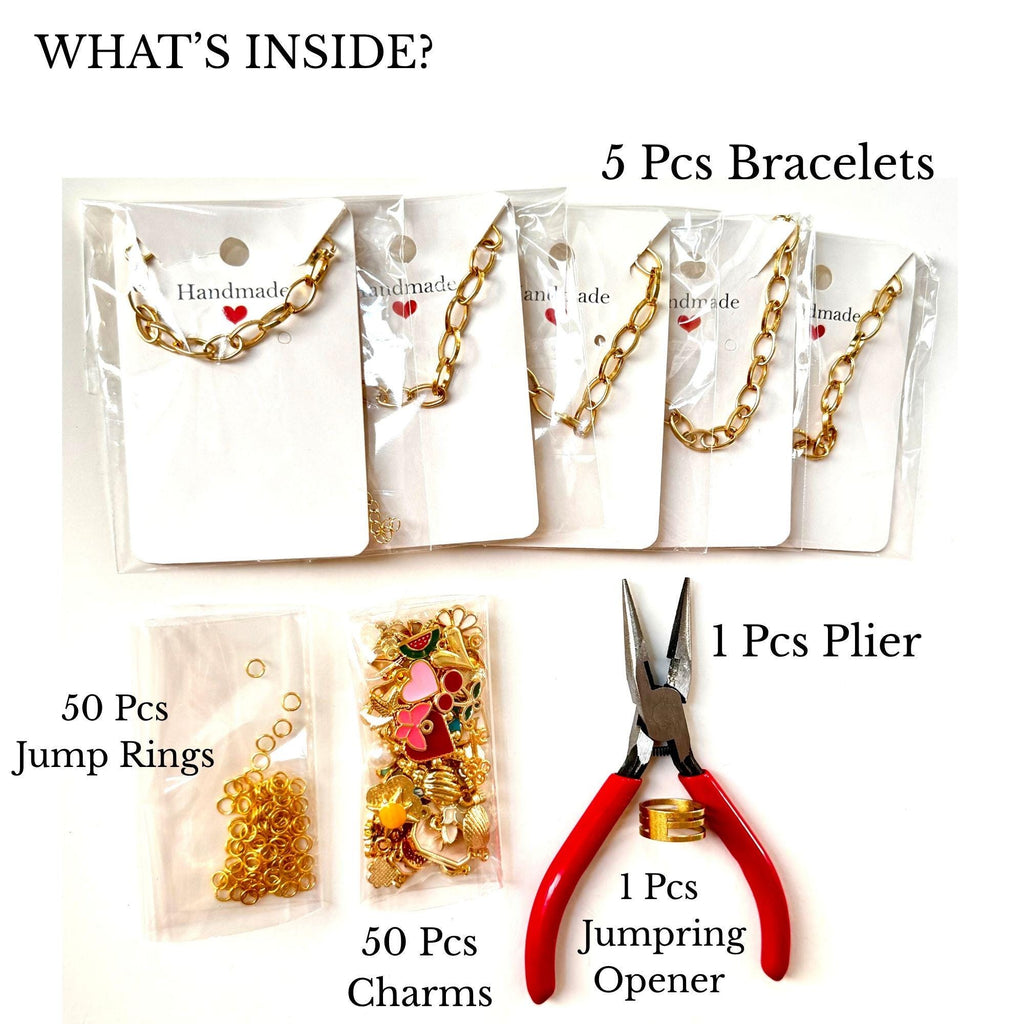 DIY Charm Bracelet Making Kit, 50 Gold Charms, 5 Paperclip Bracelets, Jump Rings & Pliers, Jewelry Craft Christmas Gift for Teens  Adults