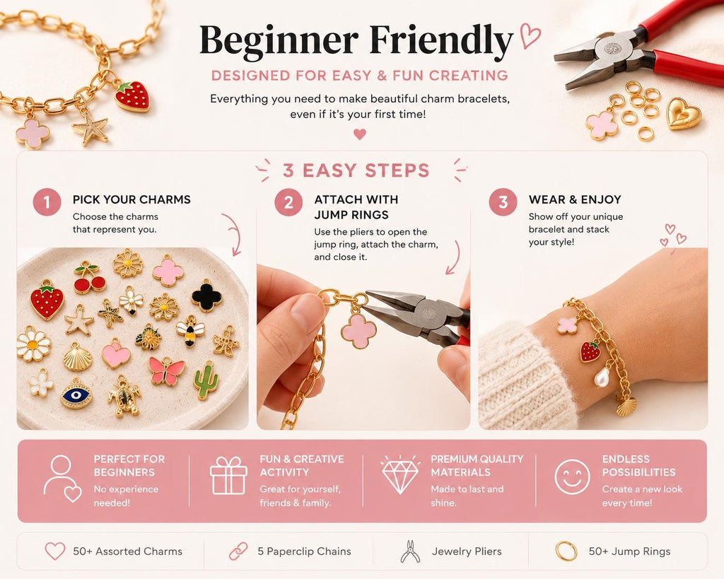 DIY Charm Bracelet Making Kit, 50 Gold Charms, 5 Paperclip Bracelets, Jump Rings & Pliers, Jewelry Craft Christmas Gift for Teens  Adults