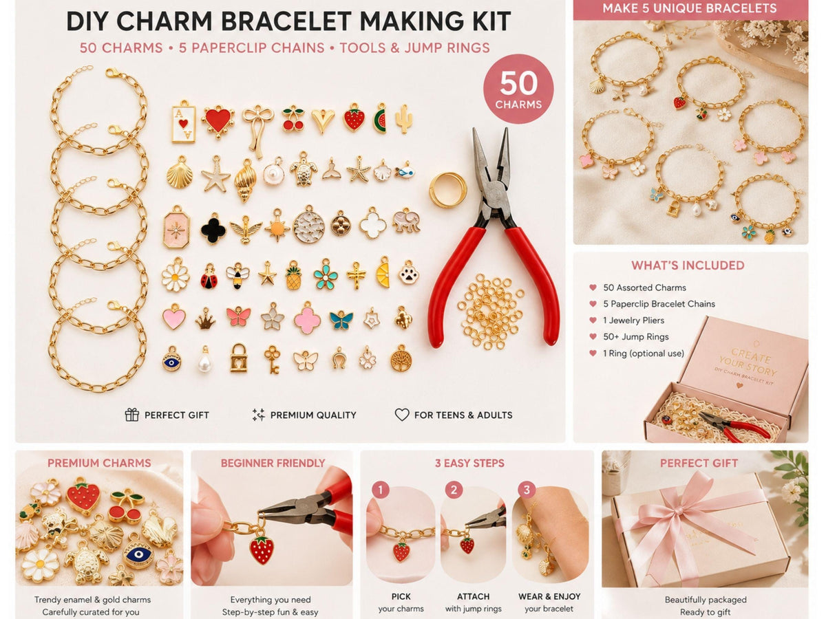 DIY Charm Bracelet Making Kit, 50 Gold Charms, 5 Paperclip Bracelets, Jump Rings & Pliers, Jewelry Craft Christmas Gift for Teens  Adults