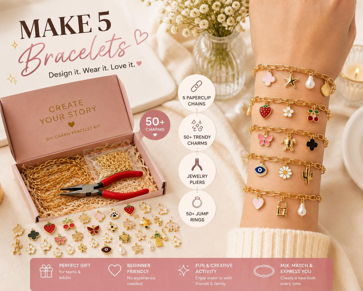 DIY Charm Bracelet Making Kit, 50 Gold Charms, 5 Paperclip Bracelets, Jump Rings & Pliers, Jewelry Craft Christmas Gift for Teens  Adults