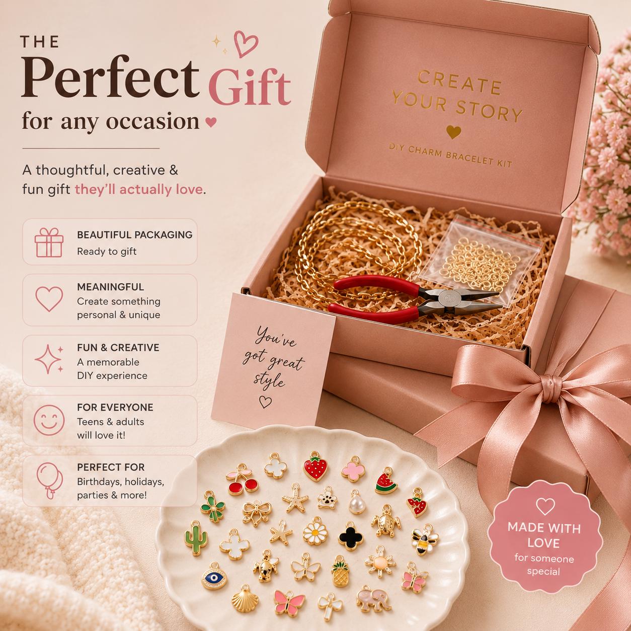 DIY Charm Bracelet Making Kit, 50 Gold Charms, 5 Paperclip Bracelets, Jump Rings & Pliers, Jewelry Craft Christmas Gift for Teens  Adults