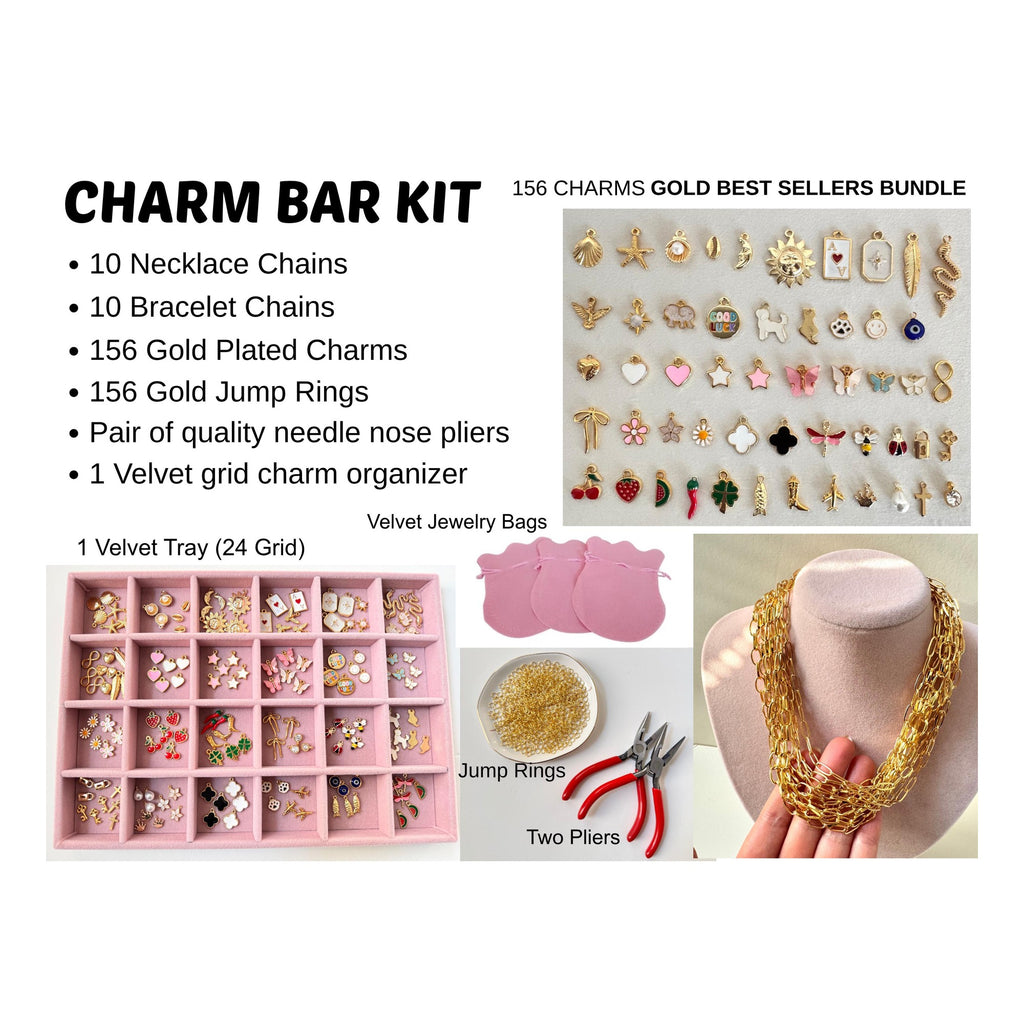 Professional Charm Bar Starter Kit graphic listing the included items: 10 necklace chains, 10 bracelet chains, 156 gold-plated charms, 156 gold jump rings, needle nose pliers and a 24-grid velvet charm organizer tray, with a velvet bag, jump rings, pliers and a gold chain necklace on a display bust.